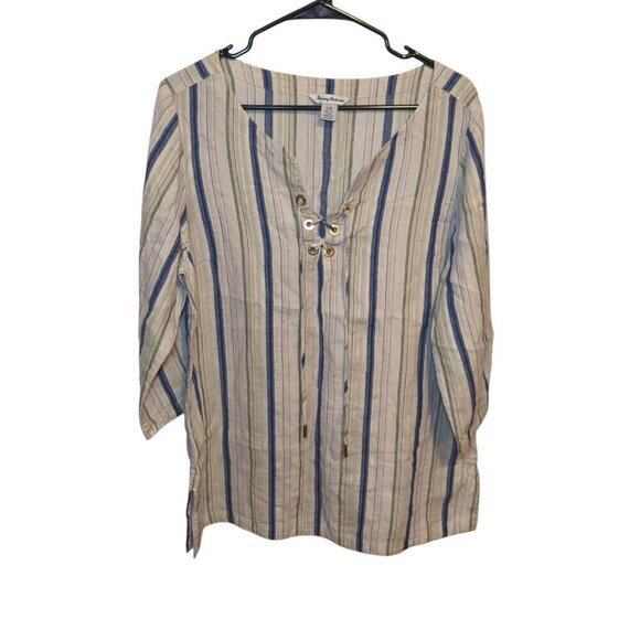 TOMMY BAHAMA Women's L Multicolor Metallic Striped Linen Blend Lace Up Tunic Top - Picture 1 of 14